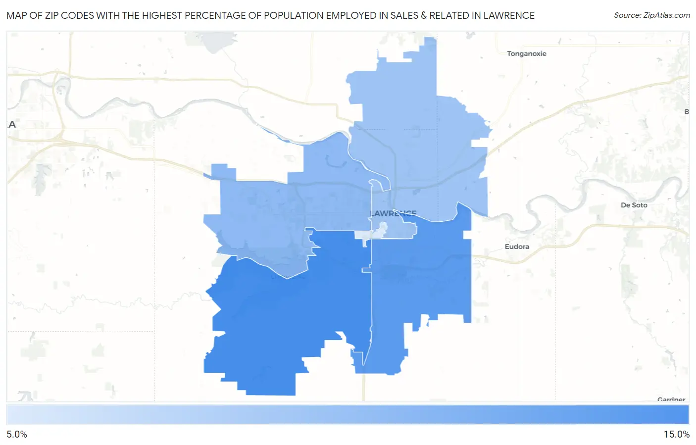 Zip Codes with the Highest Percentage of Population Employed in Sales & Related in Lawrence Map