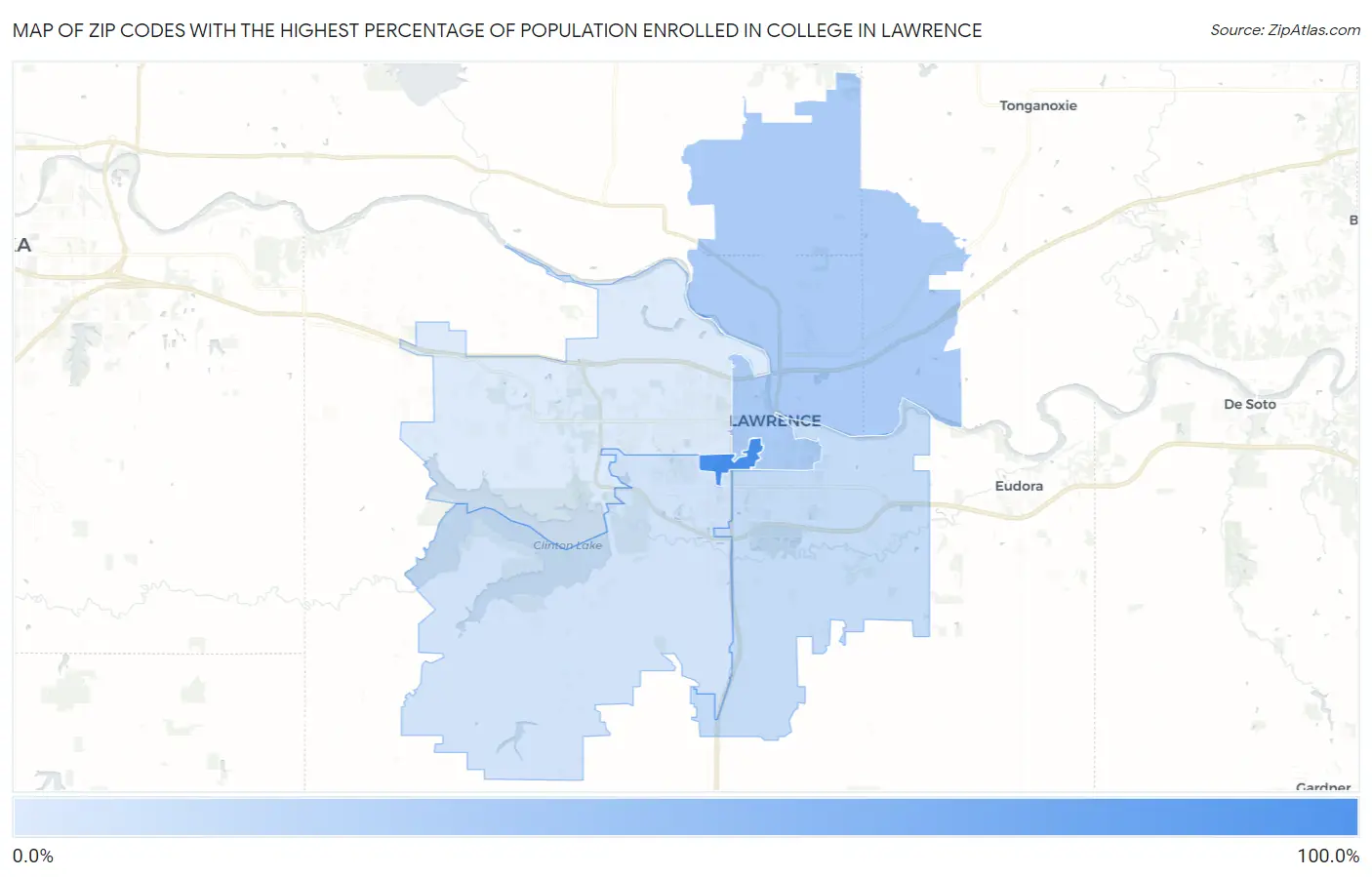 Zip Codes with the Highest Percentage of Population Enrolled in College in Lawrence Map