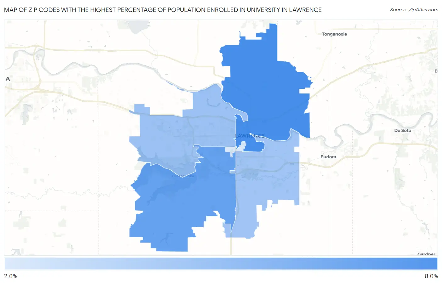 Zip Codes with the Highest Percentage of Population Enrolled in University in Lawrence Map
