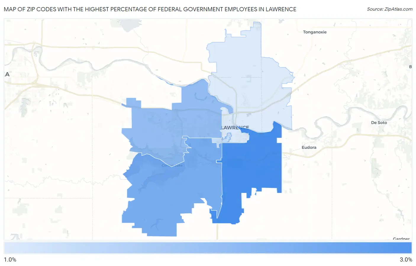 Zip Codes with the Highest Percentage of Federal Government Employees in Lawrence Map