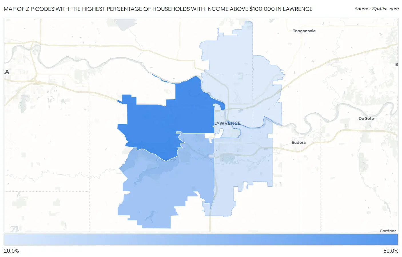 Zip Codes with the Highest Percentage of Households with Income Above $100,000 in Lawrence Map