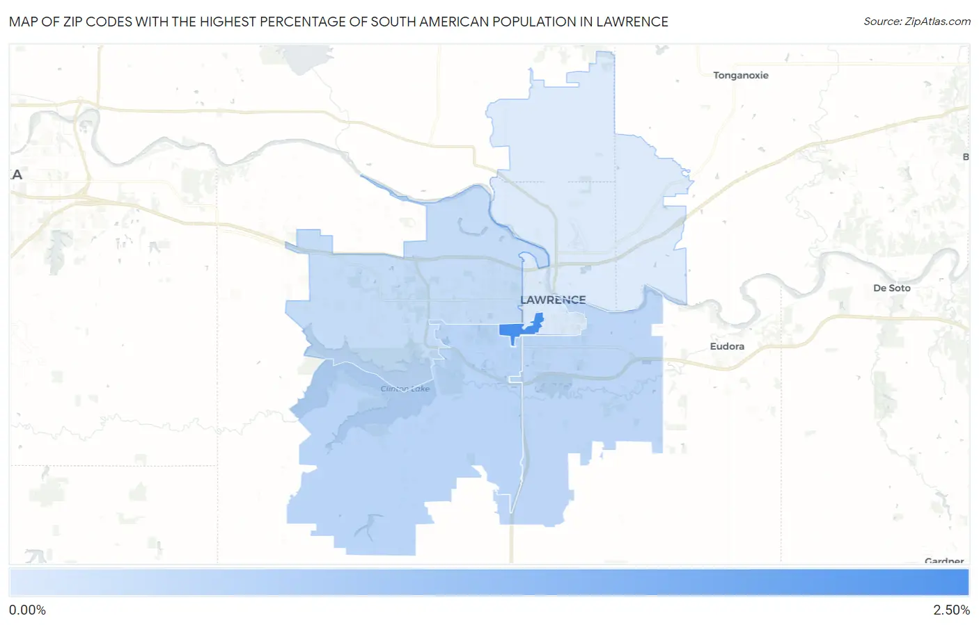 Zip Codes with the Highest Percentage of South American Population in Lawrence Map
