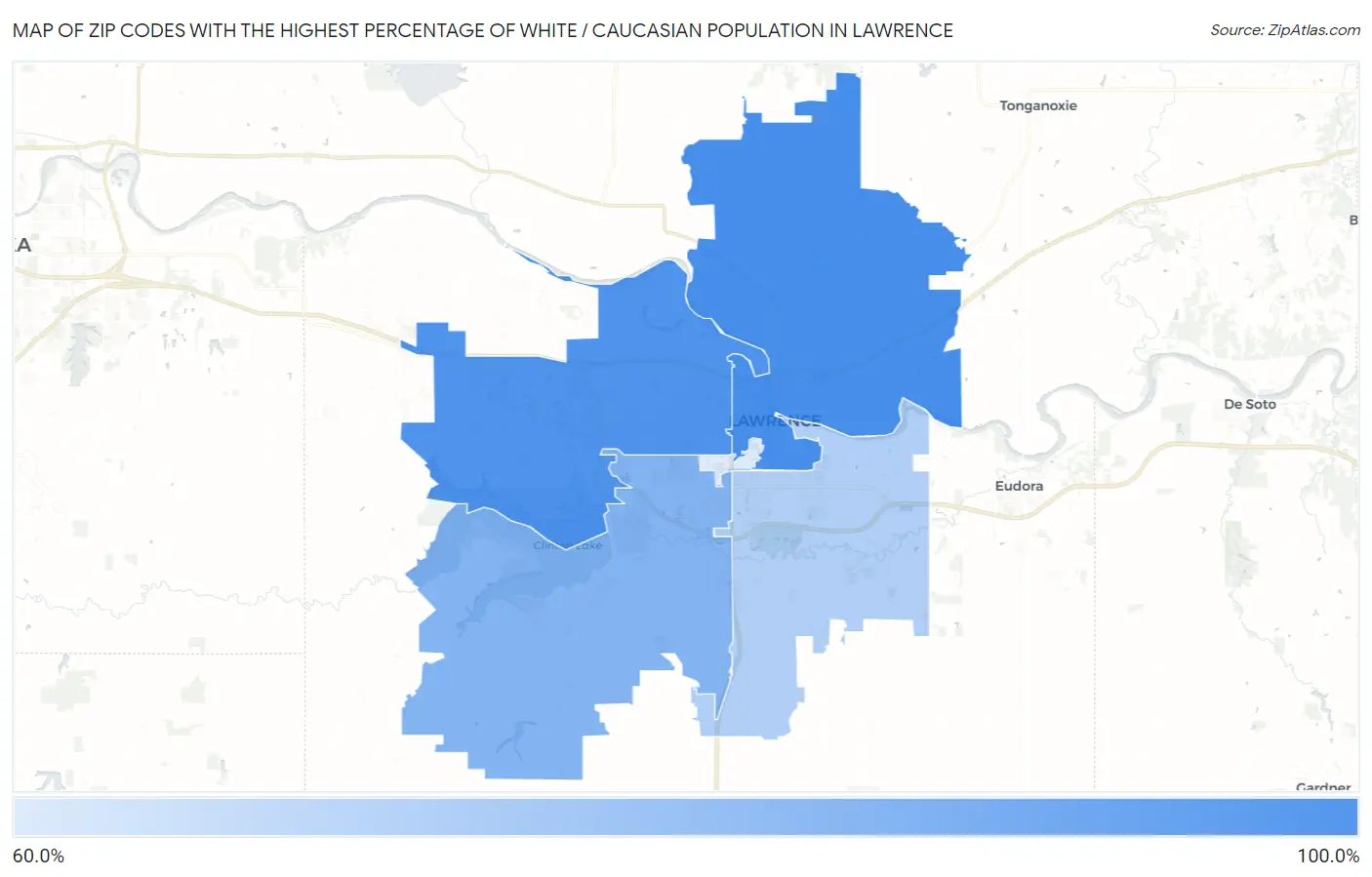Zip Codes with the Highest Percentage of White / Caucasian Population in Lawrence Map