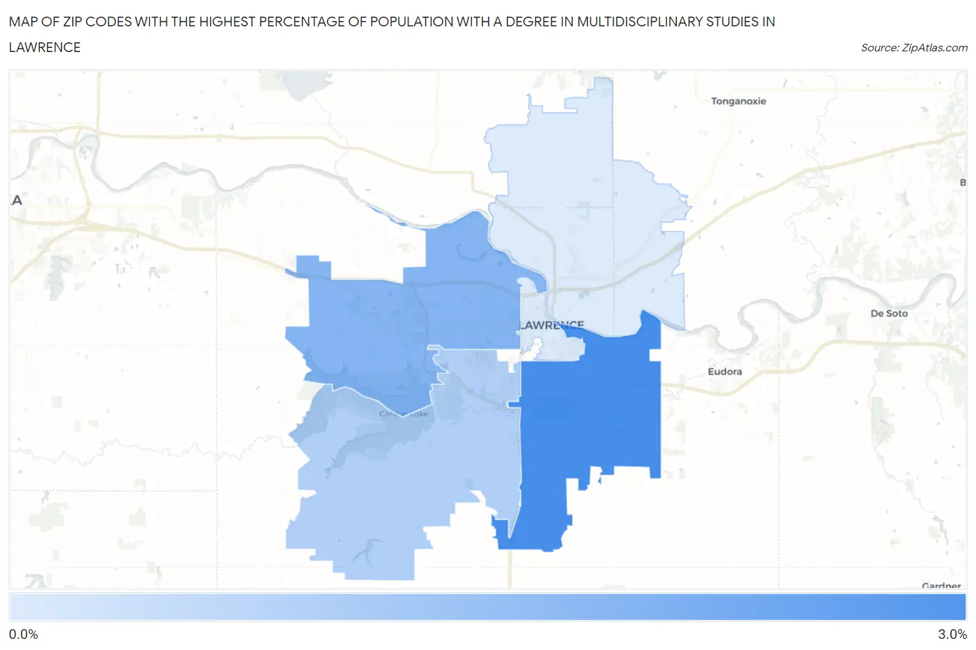 Zip Codes with the Highest Percentage of Population with a Degree in Multidisciplinary Studies in Lawrence Map