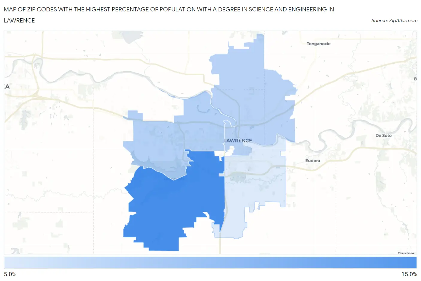 Zip Codes with the Highest Percentage of Population with a Degree in Science and Engineering in Lawrence Map