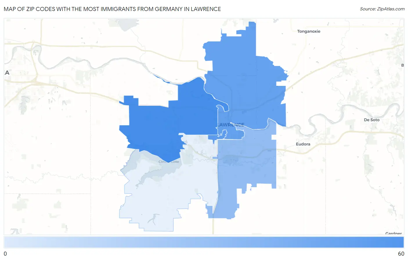 Zip Codes with the Most Immigrants from Germany in Lawrence Map