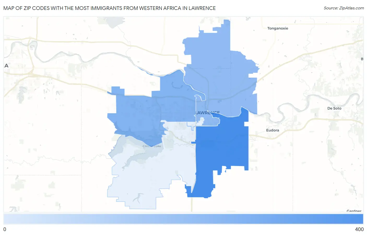 Zip Codes with the Most Immigrants from Western Africa in Lawrence Map
