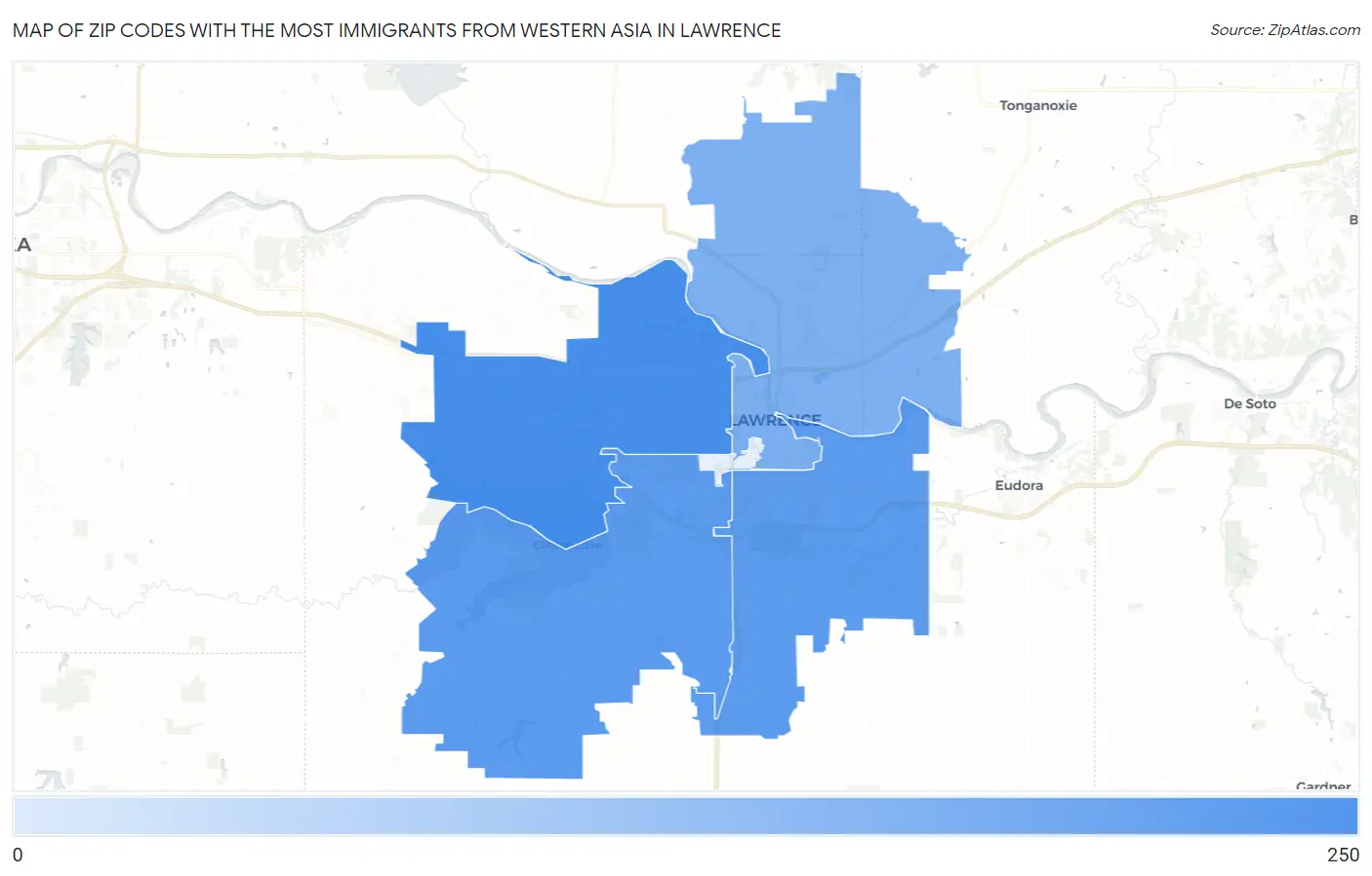 Zip Codes with the Most Immigrants from Western Asia in Lawrence Map