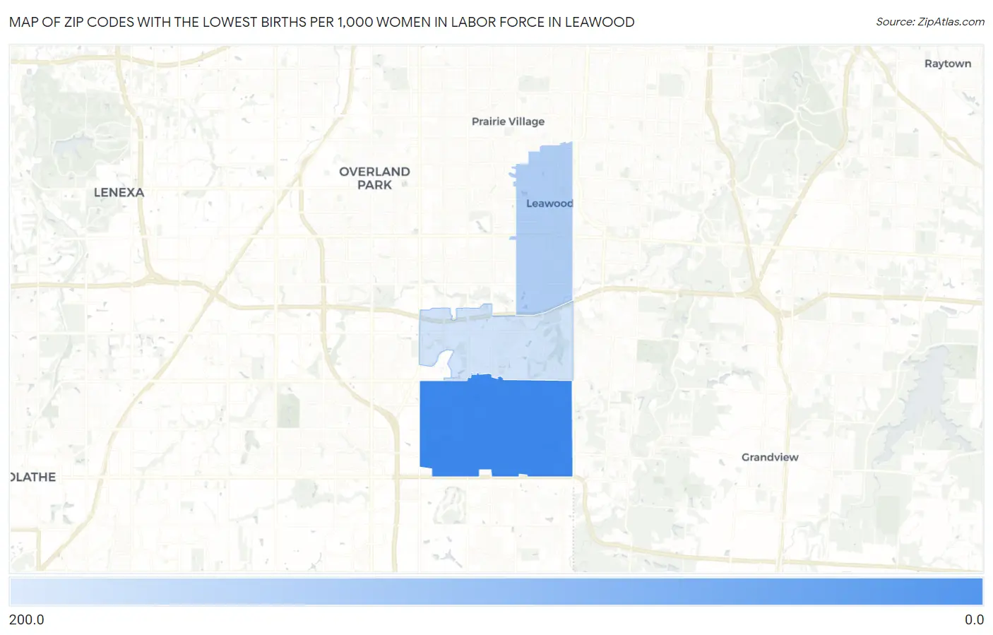 Zip Codes with the Lowest Births per 1,000 Women in Labor Force in Leawood Map