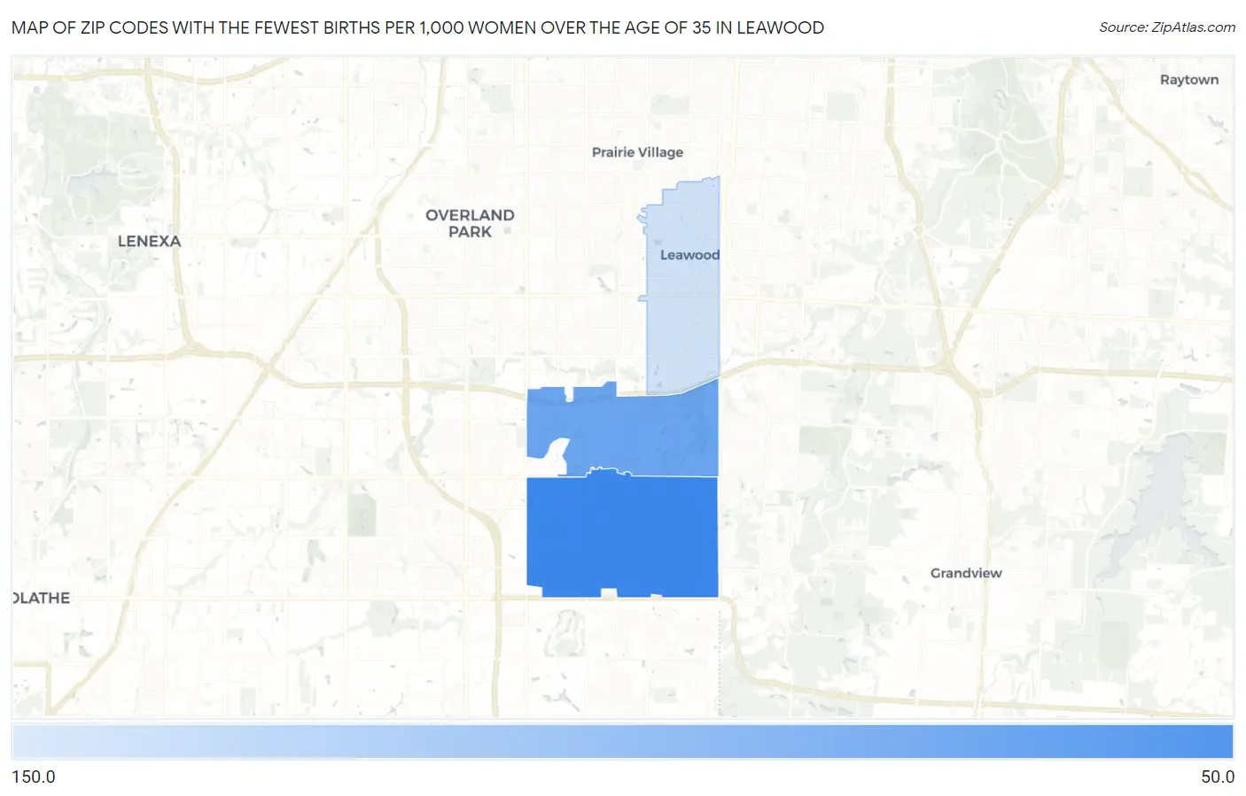 Zip Codes with the Fewest Births per 1,000 Women Over the Age of 35 in Leawood Map