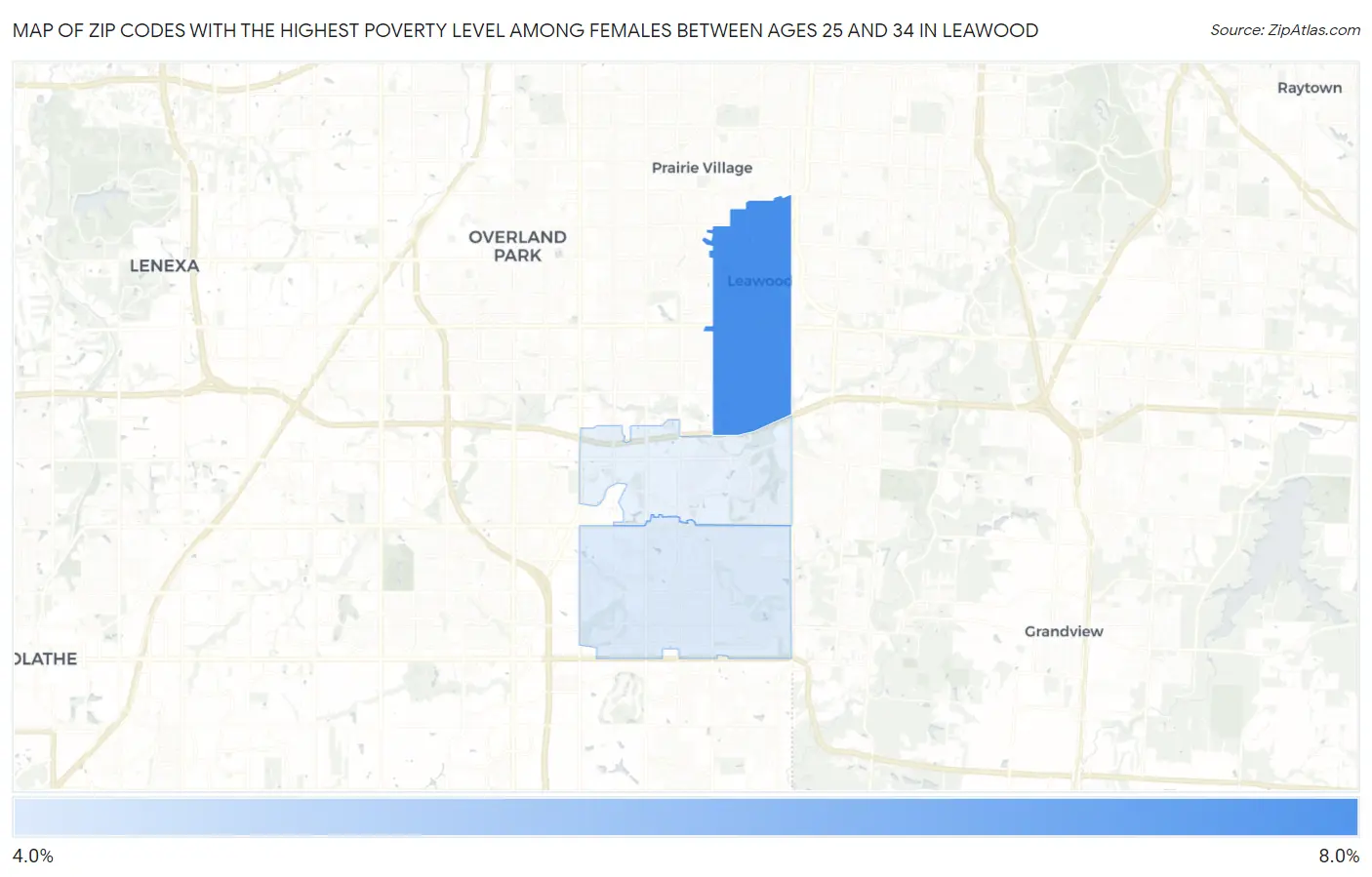 Zip Codes with the Highest Poverty Level Among Females Between Ages 25 and 34 in Leawood Map