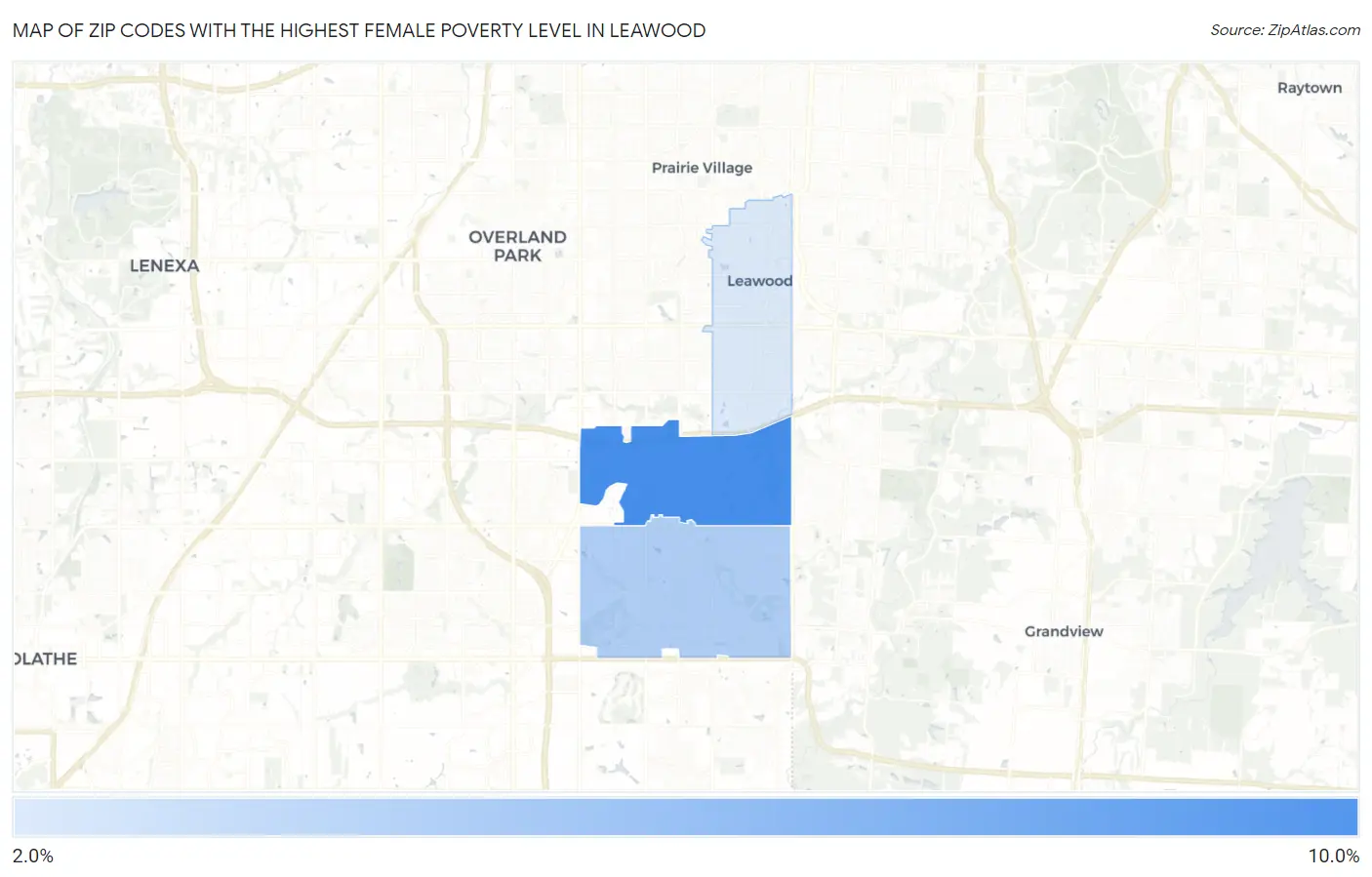 Zip Codes with the Highest Female Poverty Level in Leawood Map