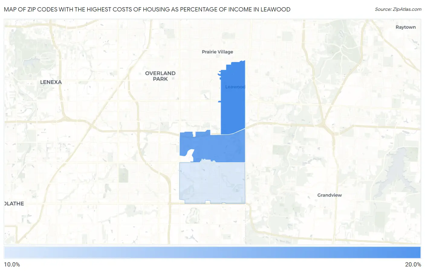 Zip Codes with the Highest Costs of Housing as Percentage of Income in Leawood Map