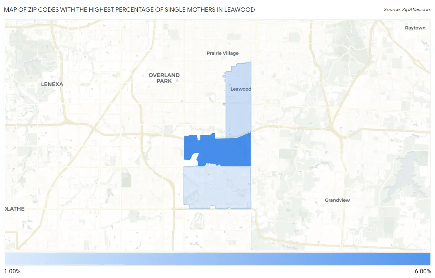 Zip Codes with the Highest Percentage of Single Mothers in Leawood Map