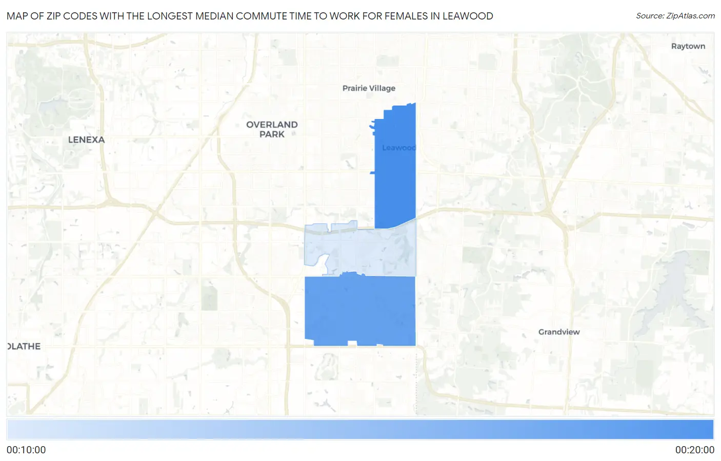 Zip Codes with the Longest Median Commute Time to Work for Females in Leawood Map