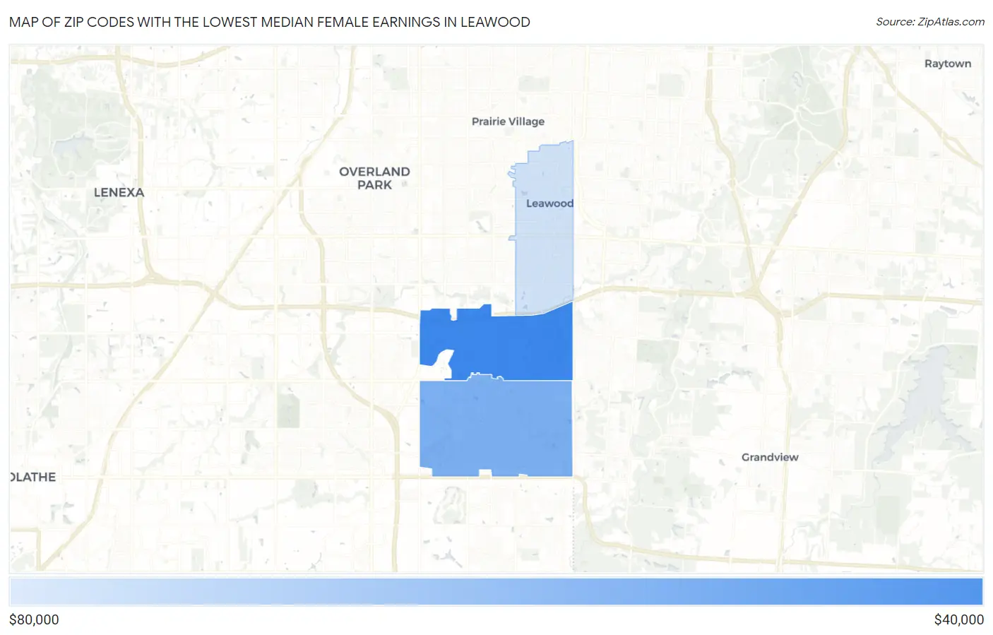 Zip Codes with the Lowest Median Female Earnings in Leawood Map