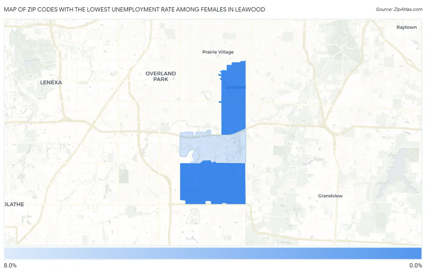 Zip Codes with the Lowest Unemployment Rate Among Females in Leawood Map