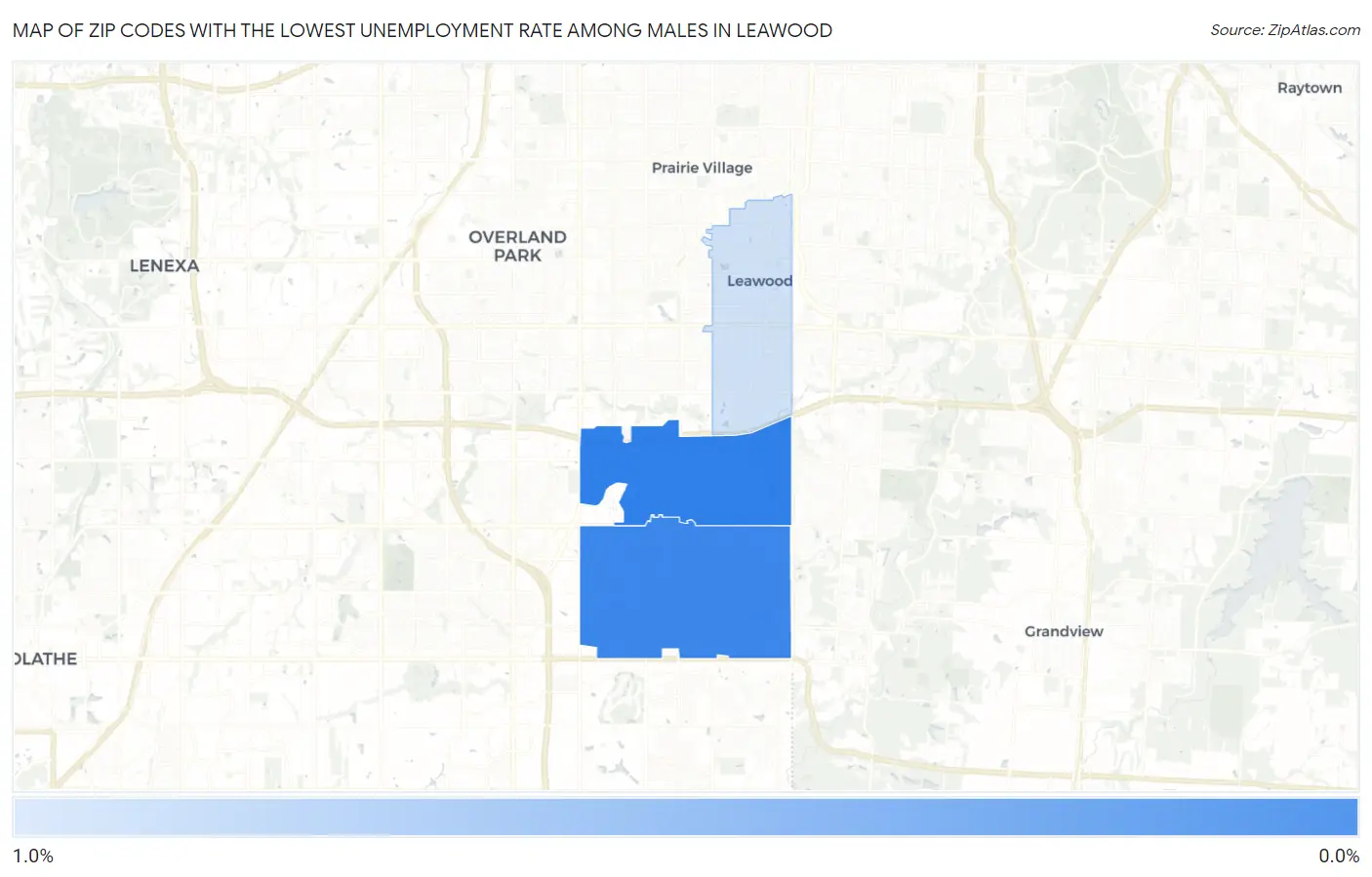 Zip Codes with the Lowest Unemployment Rate Among Males in Leawood Map