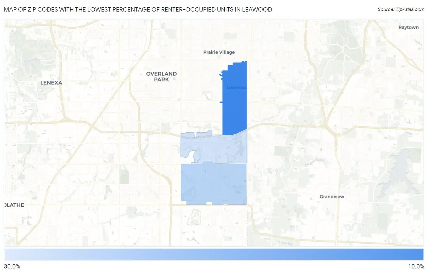 Zip Codes with the Lowest Percentage of Renter-Occupied Units in Leawood Map