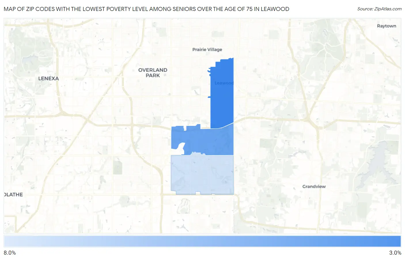Zip Codes with the Lowest Poverty Level Among Seniors Over the Age of 75 in Leawood Map