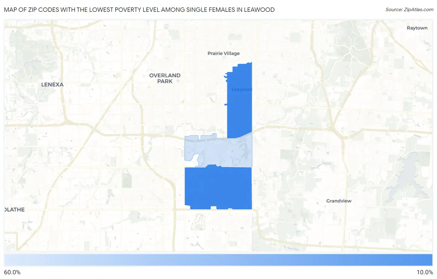 Zip Codes with the Lowest Poverty Level Among Single Females in Leawood Map