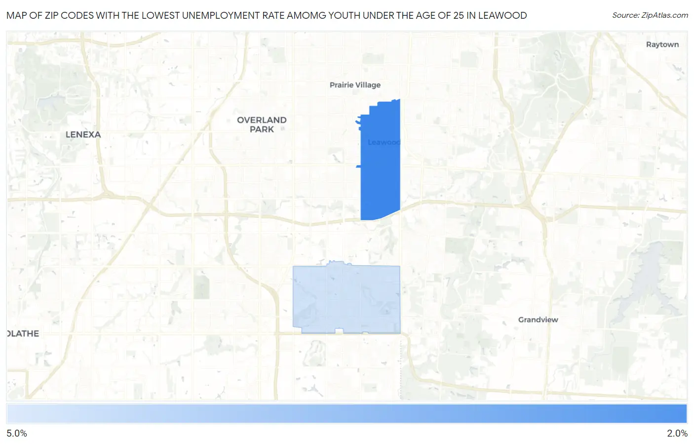 Zip Codes with the Lowest Unemployment Rate Amomg Youth Under the Age of 25 in Leawood Map