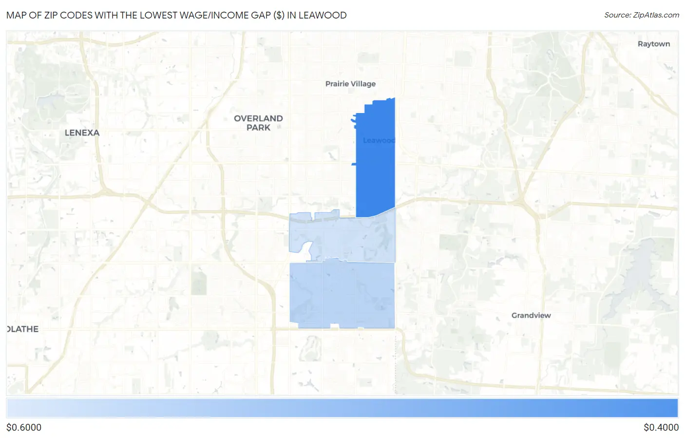 Zip Codes with the Lowest Wage/Income Gap ($) in Leawood Map