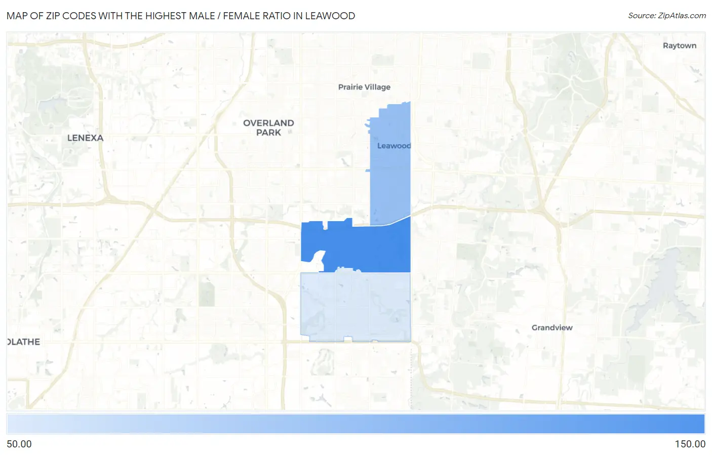 Zip Codes with the Highest Male / Female Ratio in Leawood Map