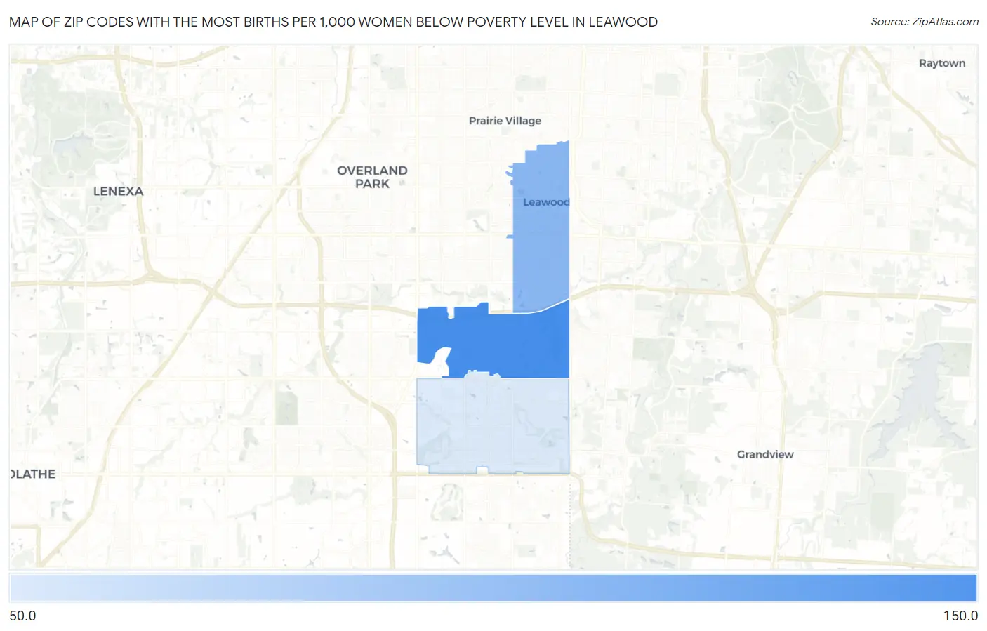 Zip Codes with the Most Births per 1,000 Women Below Poverty Level in Leawood Map