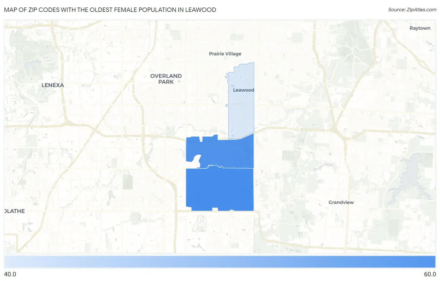 Zip Codes with the Oldest Female Population in Leawood Map