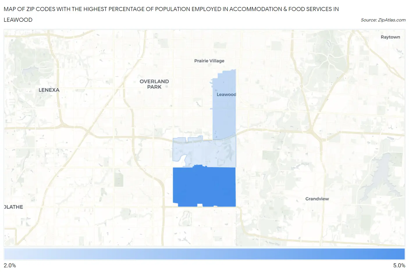 Zip Codes with the Highest Percentage of Population Employed in Accommodation & Food Services in Leawood Map