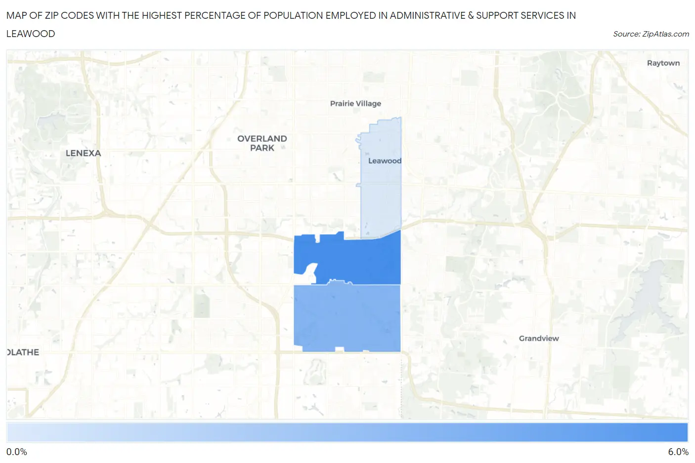 Zip Codes with the Highest Percentage of Population Employed in Administrative & Support Services in Leawood Map