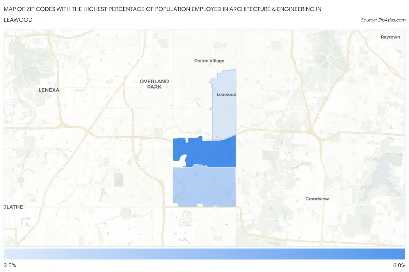 Zip Codes with the Highest Percentage of Population Employed in Architecture & Engineering in Leawood Map