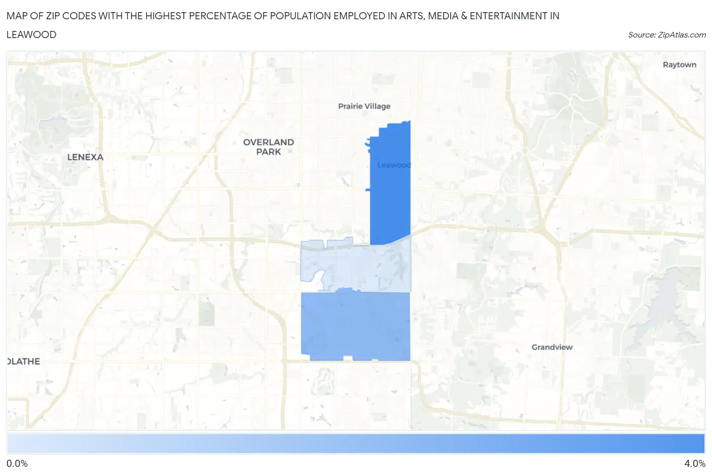 Zip Codes with the Highest Percentage of Population Employed in Arts, Media & Entertainment in Leawood Map