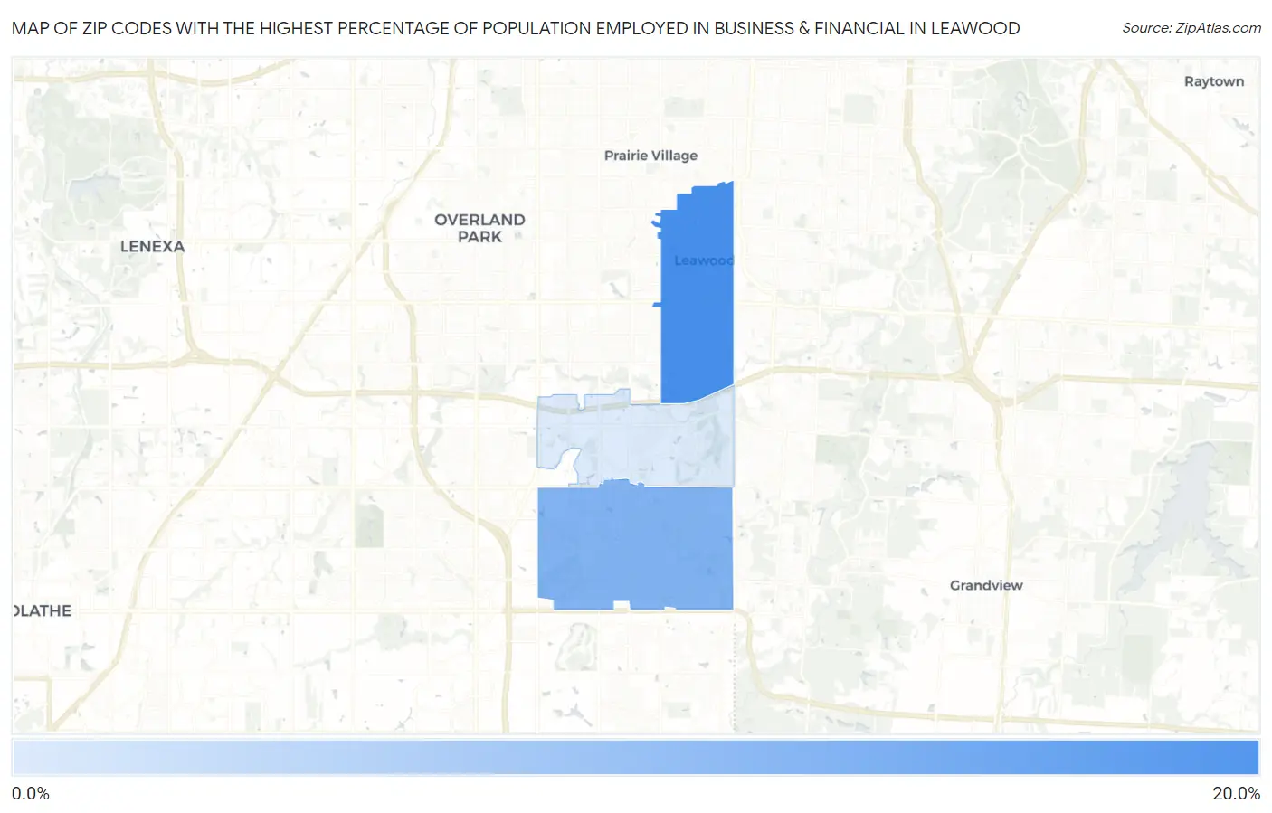 Zip Codes with the Highest Percentage of Population Employed in Business & Financial in Leawood Map