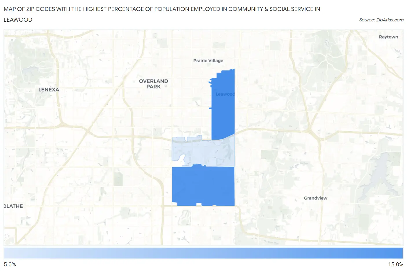 Zip Codes with the Highest Percentage of Population Employed in Community & Social Service  in Leawood Map