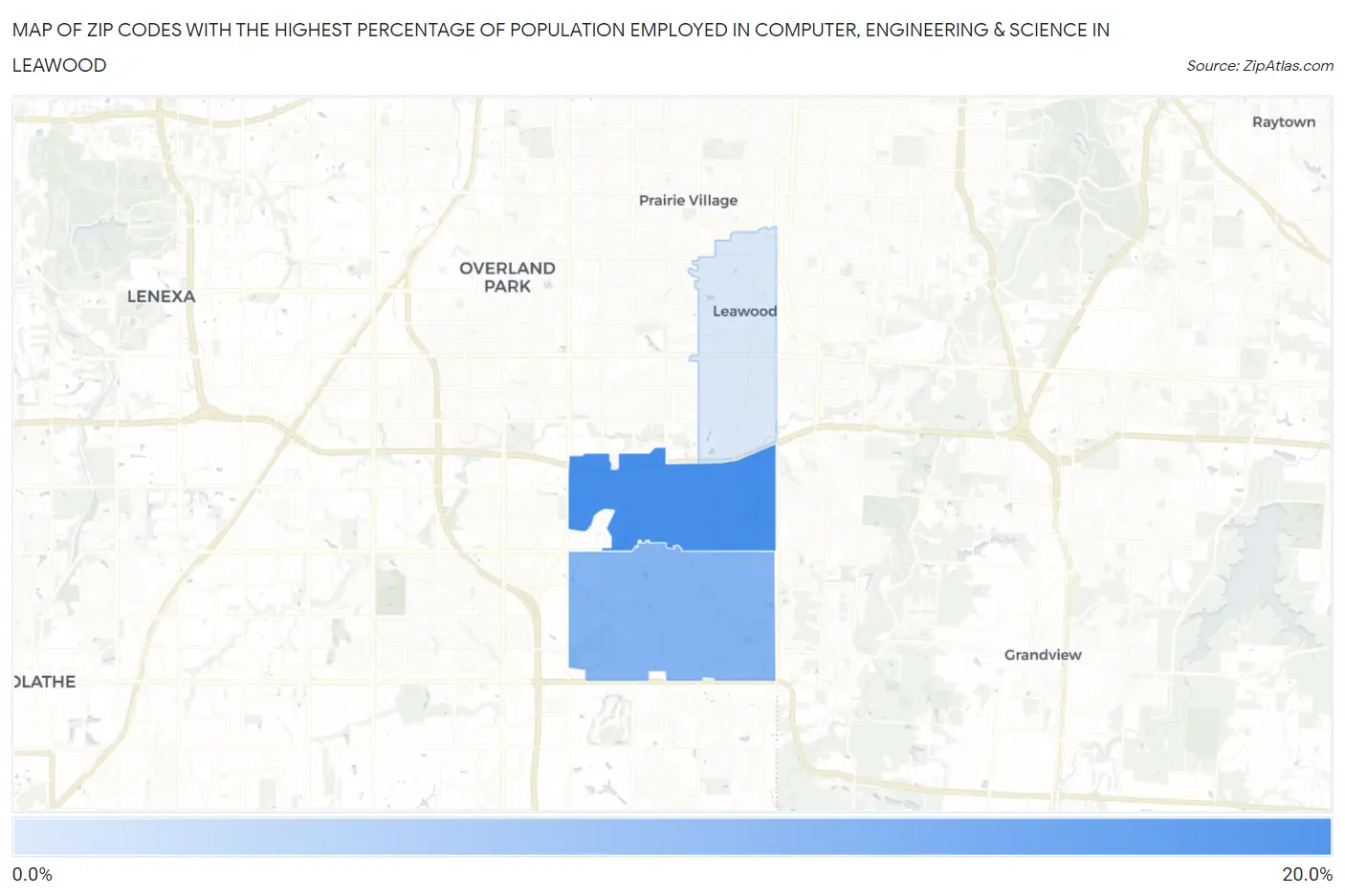 Zip Codes with the Highest Percentage of Population Employed in Computer, Engineering & Science in Leawood Map