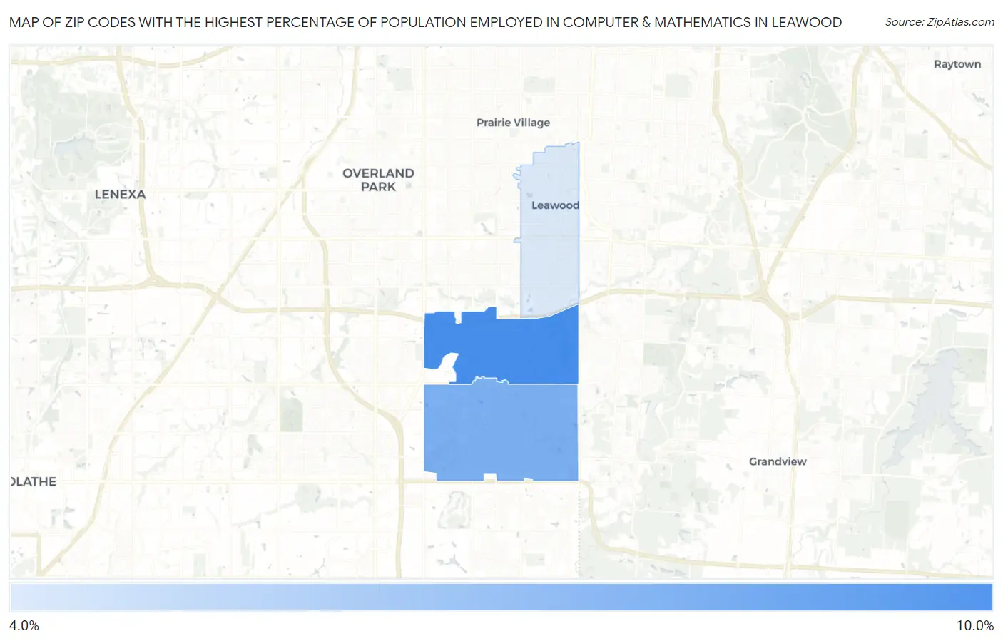 Zip Codes with the Highest Percentage of Population Employed in Computer & Mathematics in Leawood Map