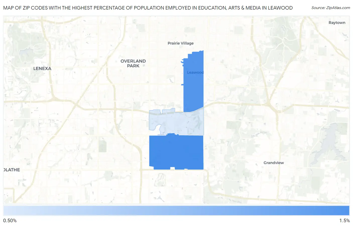 Zip Codes with the Highest Percentage of Population Employed in Education, Arts & Media in Leawood Map