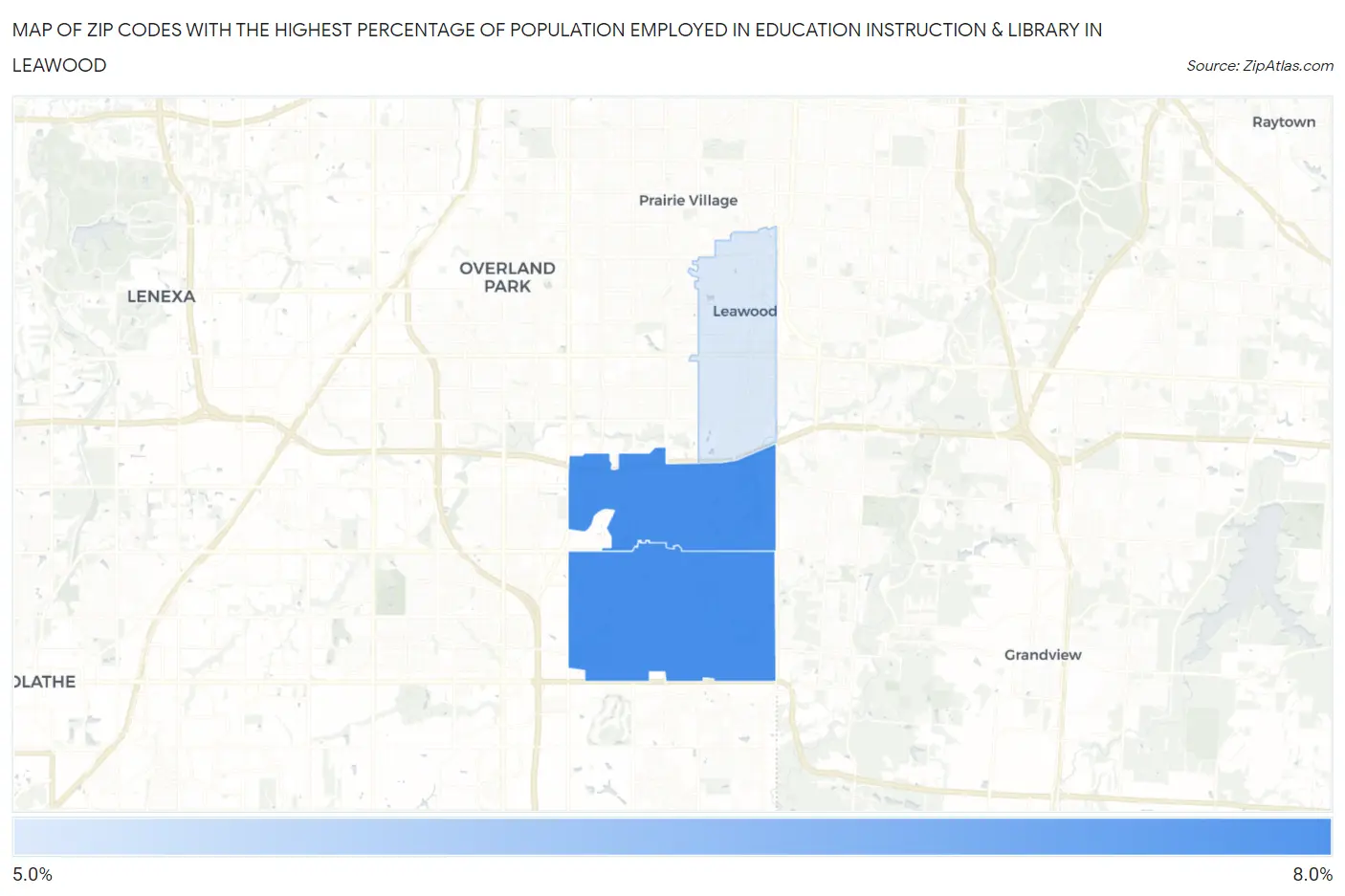 Zip Codes with the Highest Percentage of Population Employed in Education Instruction & Library in Leawood Map
