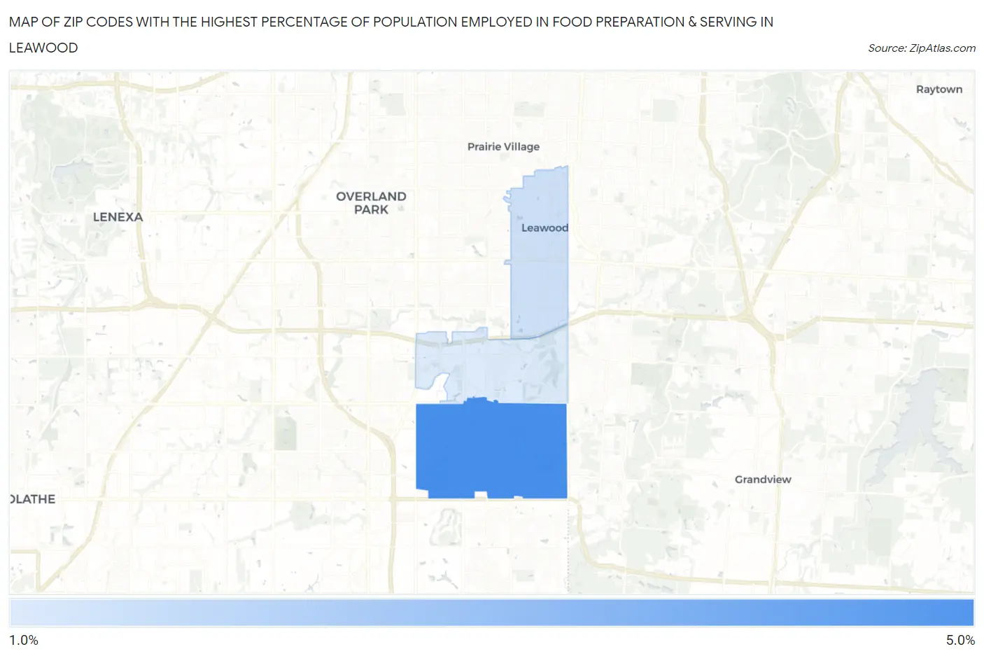 Zip Codes with the Highest Percentage of Population Employed in Food Preparation & Serving in Leawood Map