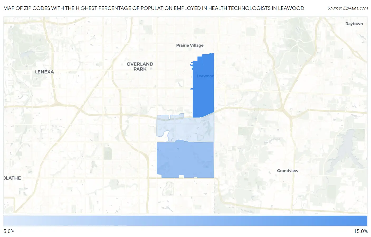 Zip Codes with the Highest Percentage of Population Employed in Health Technologists in Leawood Map