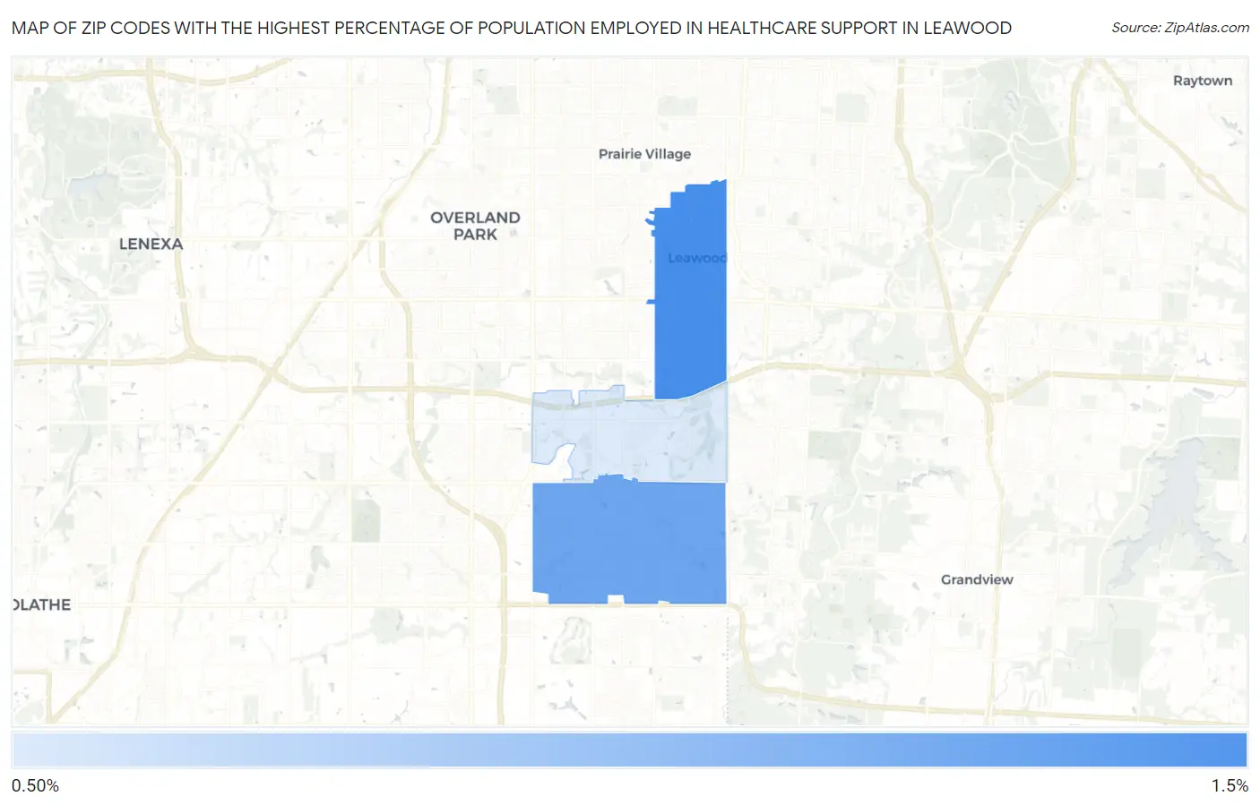 Zip Codes with the Highest Percentage of Population Employed in Healthcare Support in Leawood Map