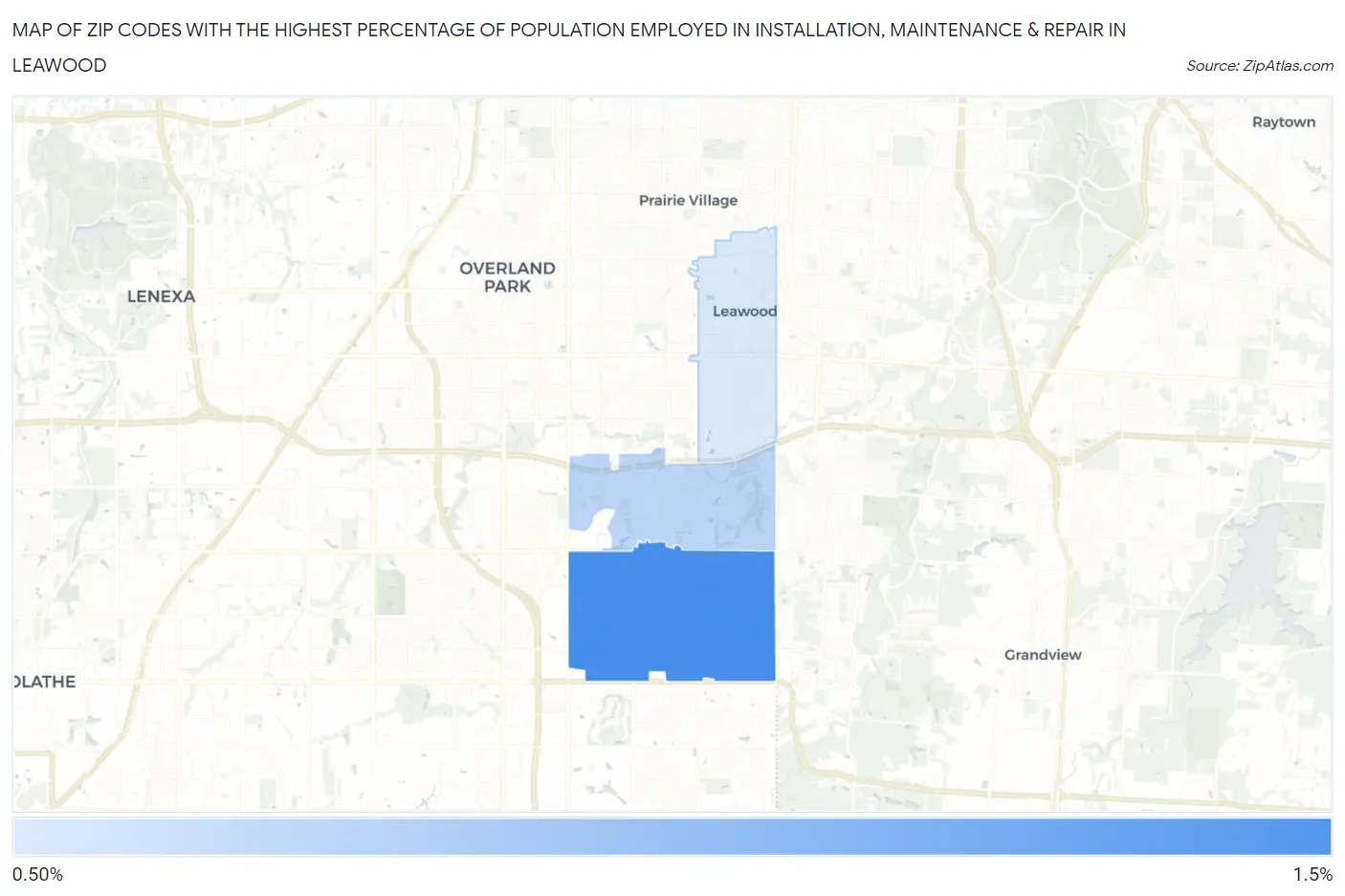 Zip Codes with the Highest Percentage of Population Employed in Installation, Maintenance & Repair in Leawood Map