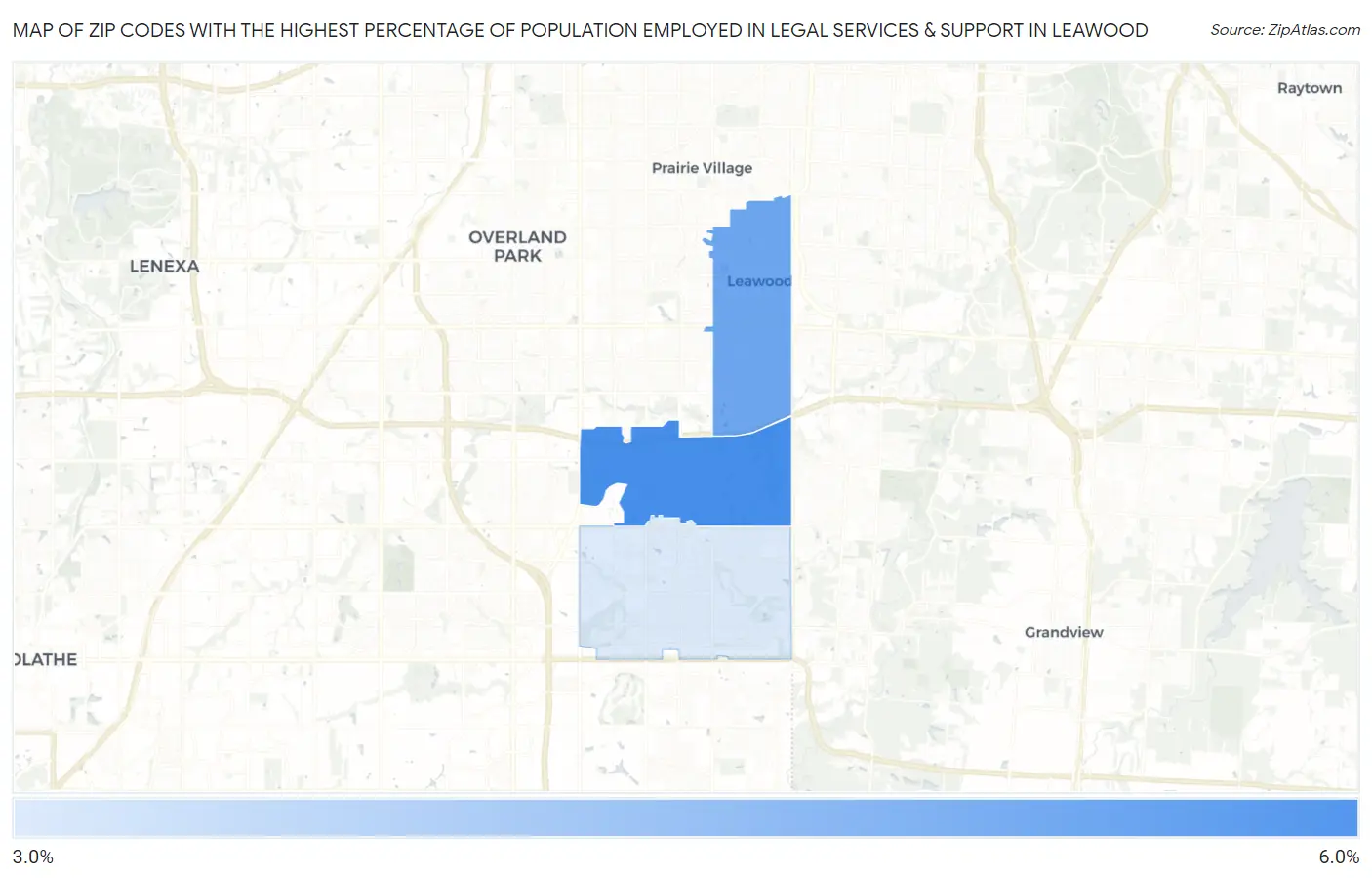 Zip Codes with the Highest Percentage of Population Employed in Legal Services & Support in Leawood Map