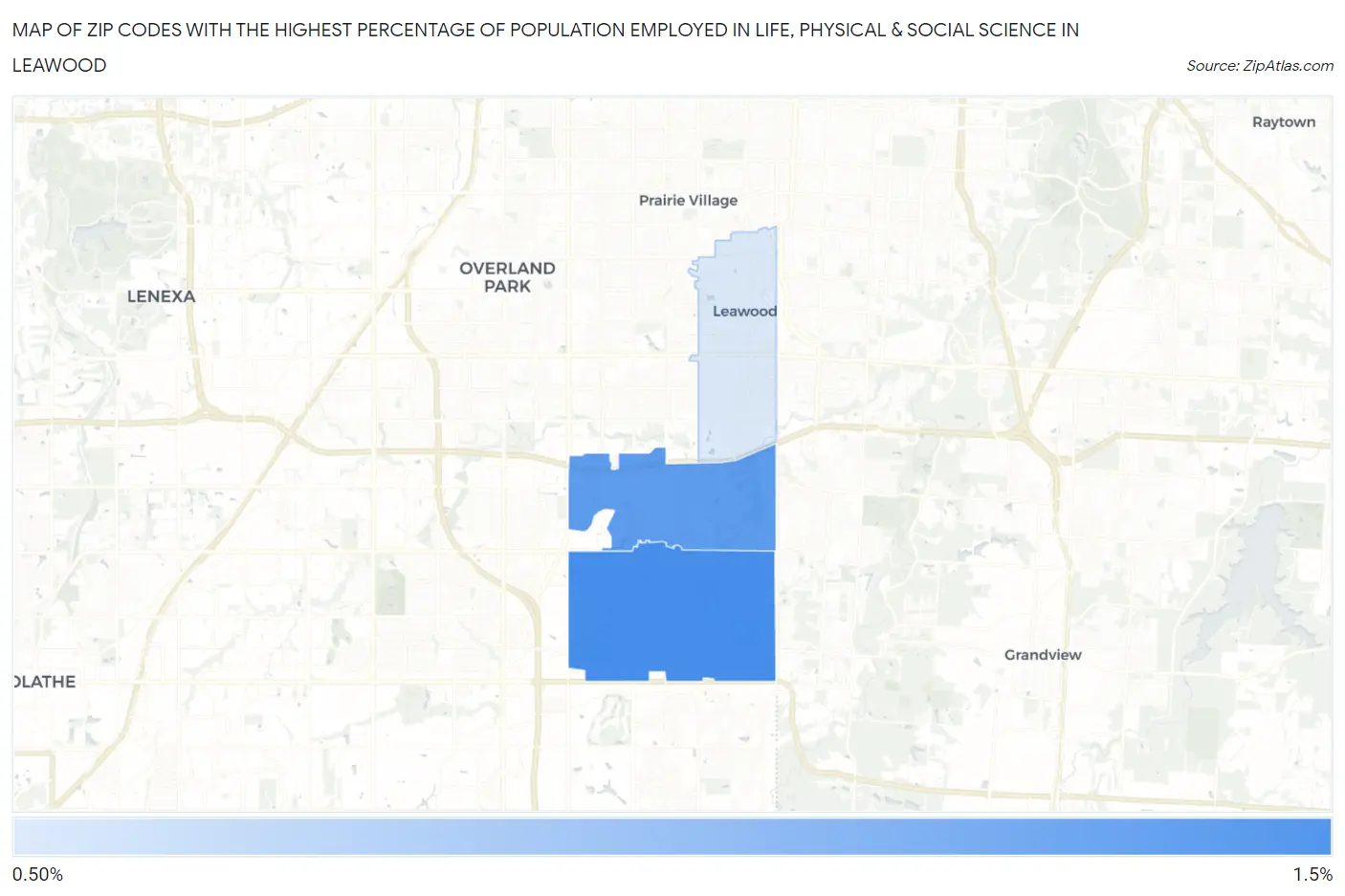 Zip Codes with the Highest Percentage of Population Employed in Life, Physical & Social Science in Leawood Map