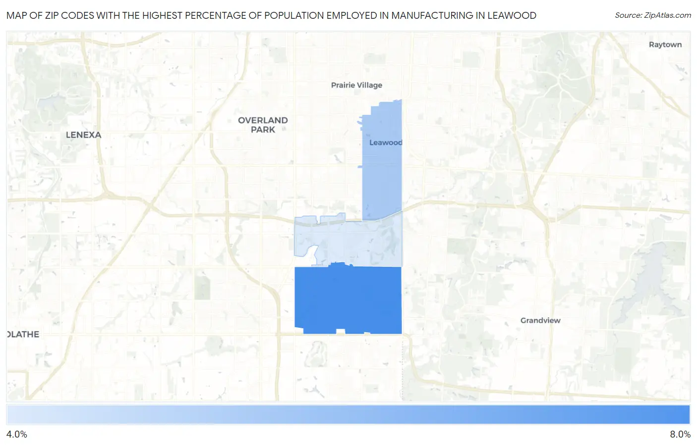 Zip Codes with the Highest Percentage of Population Employed in Manufacturing in Leawood Map