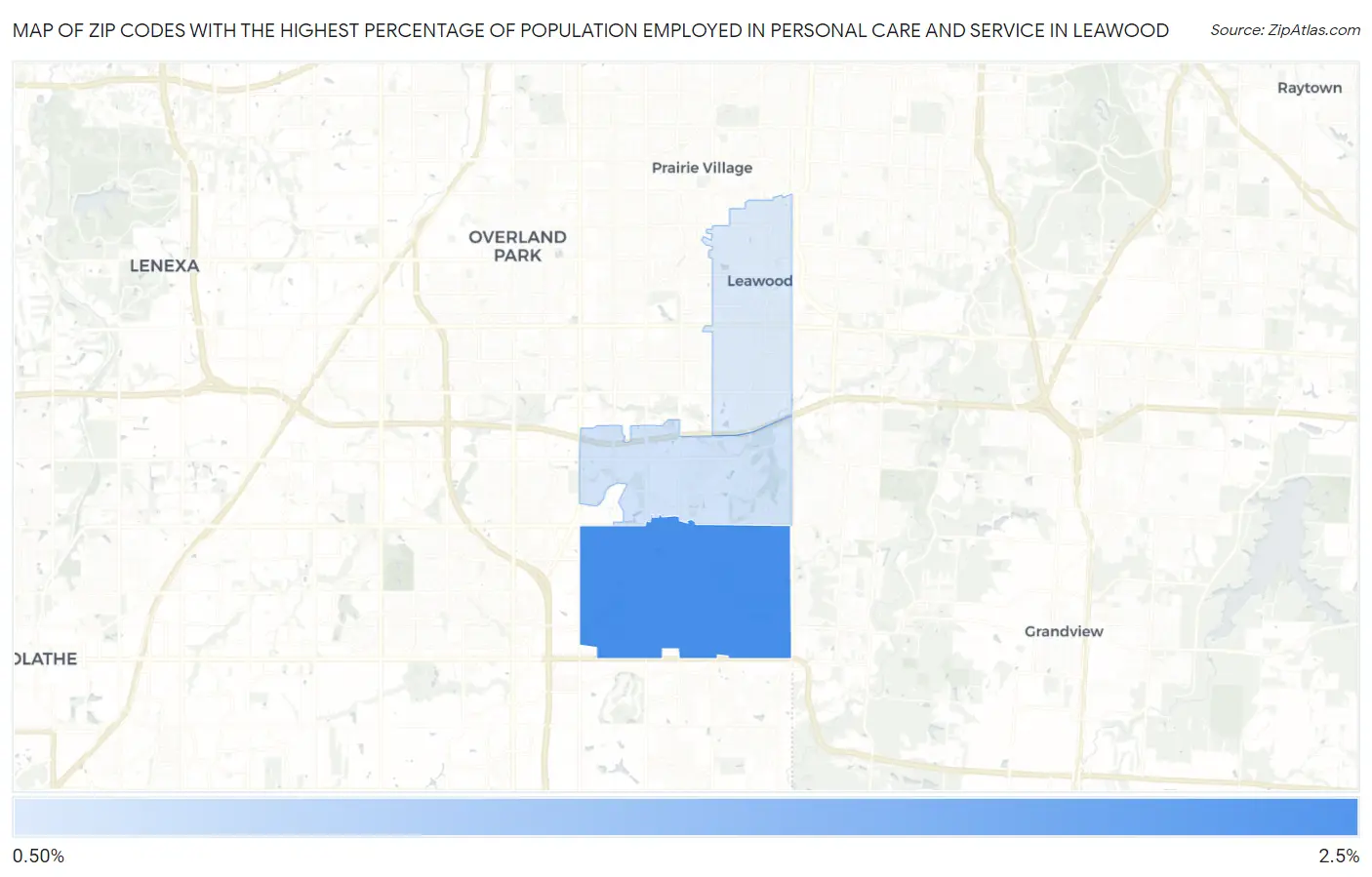 Zip Codes with the Highest Percentage of Population Employed in Personal Care and Service in Leawood Map