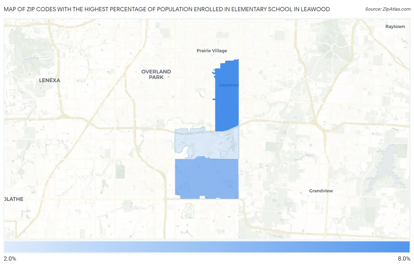 Zip Codes with the Highest Percentage of Population Enrolled in Elementary School in Leawood Map