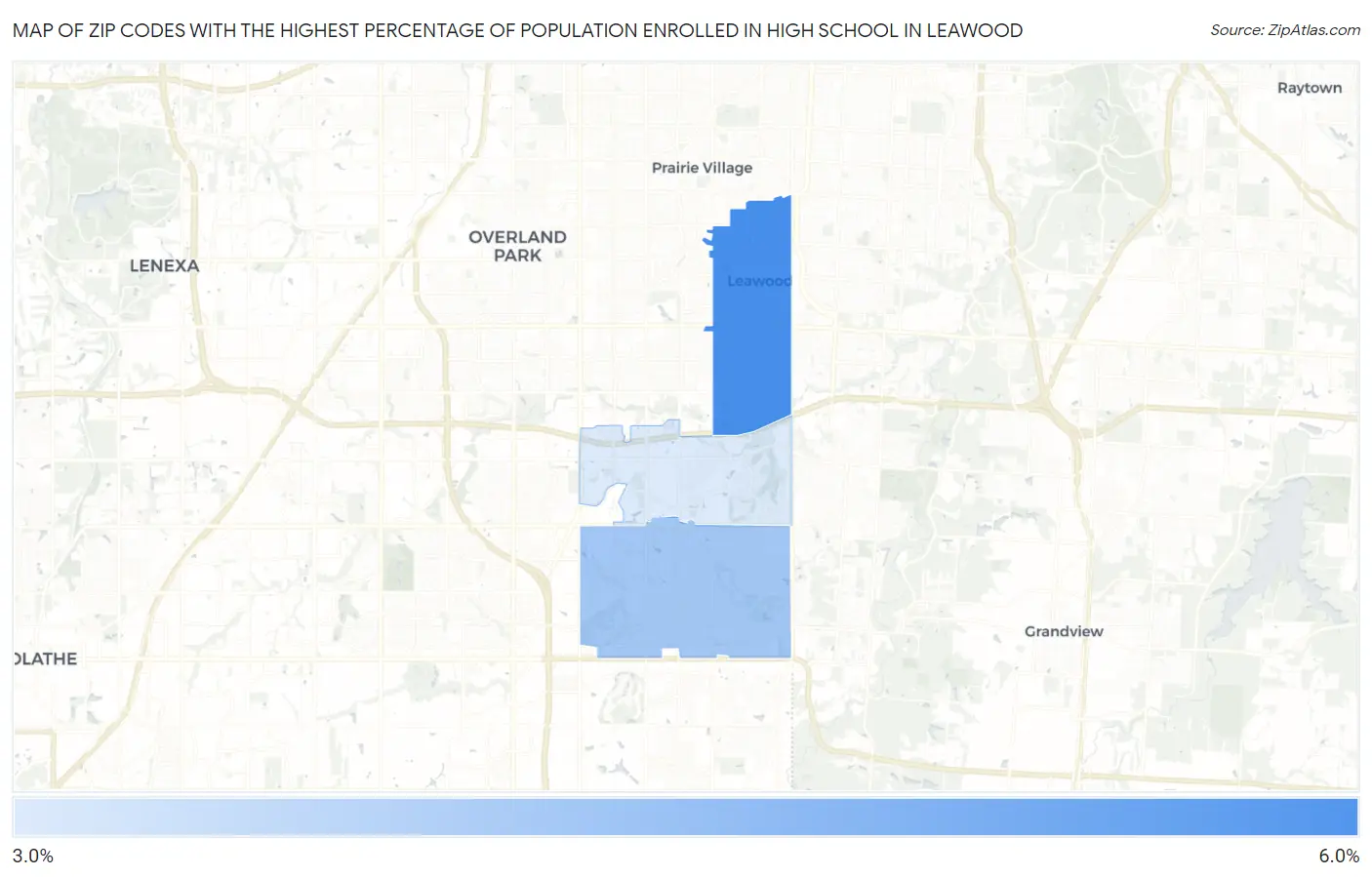 Zip Codes with the Highest Percentage of Population Enrolled in High School in Leawood Map